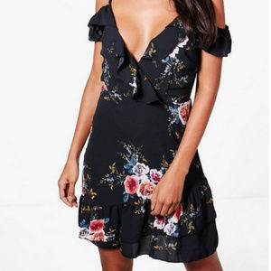 Boohoo Floral Cold Shoulder Frill Hem Aliah Dress
